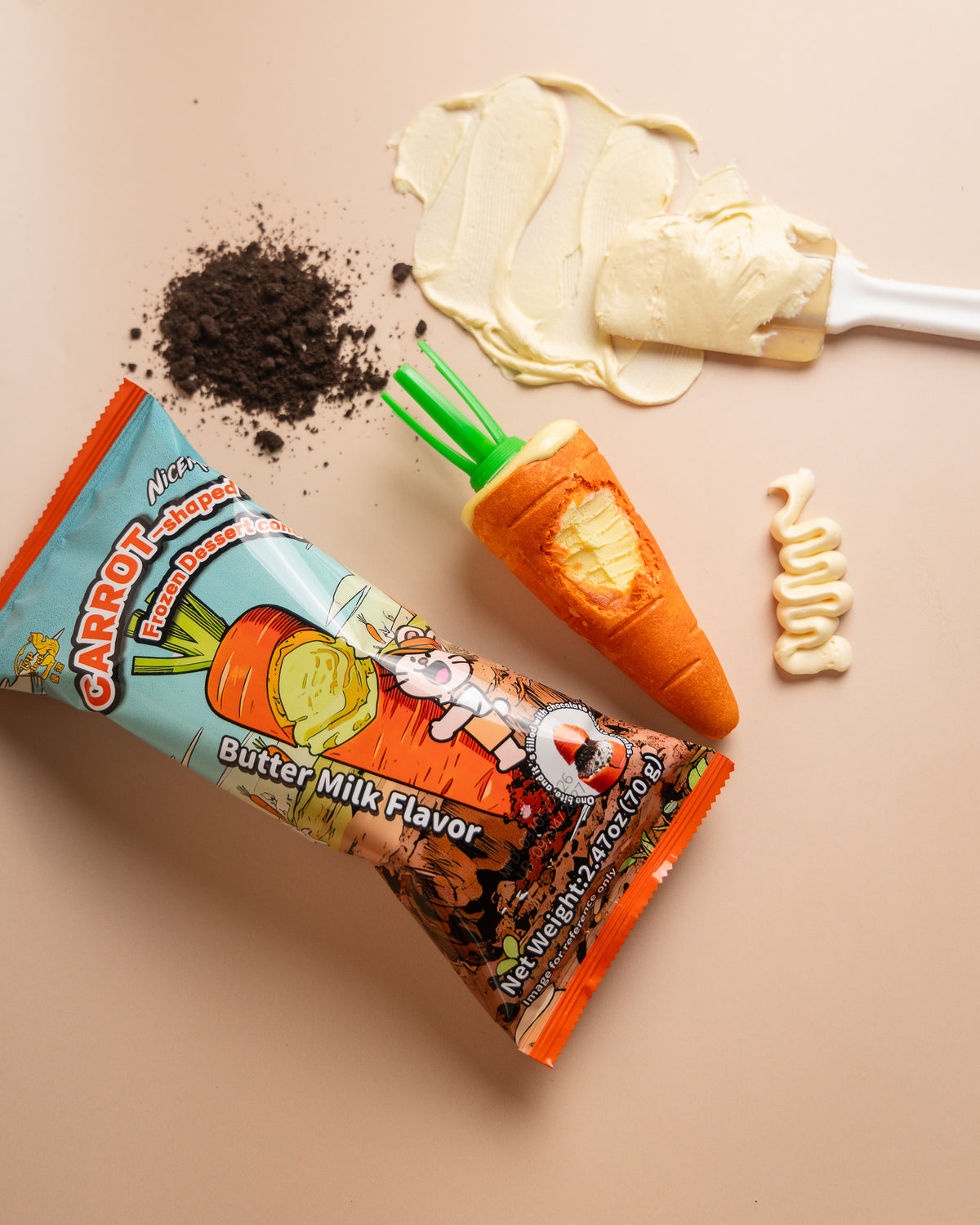 Flat lay of a NiceMe Carrot Ice Cream Cone with its filling exposed beside the wrapper.